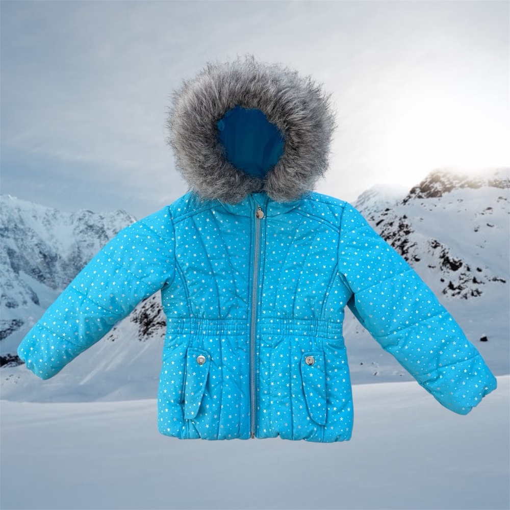 Rothschild Light Blue Starry Kids Winter Jacket with Faux Fur Hood ~ Girls 4